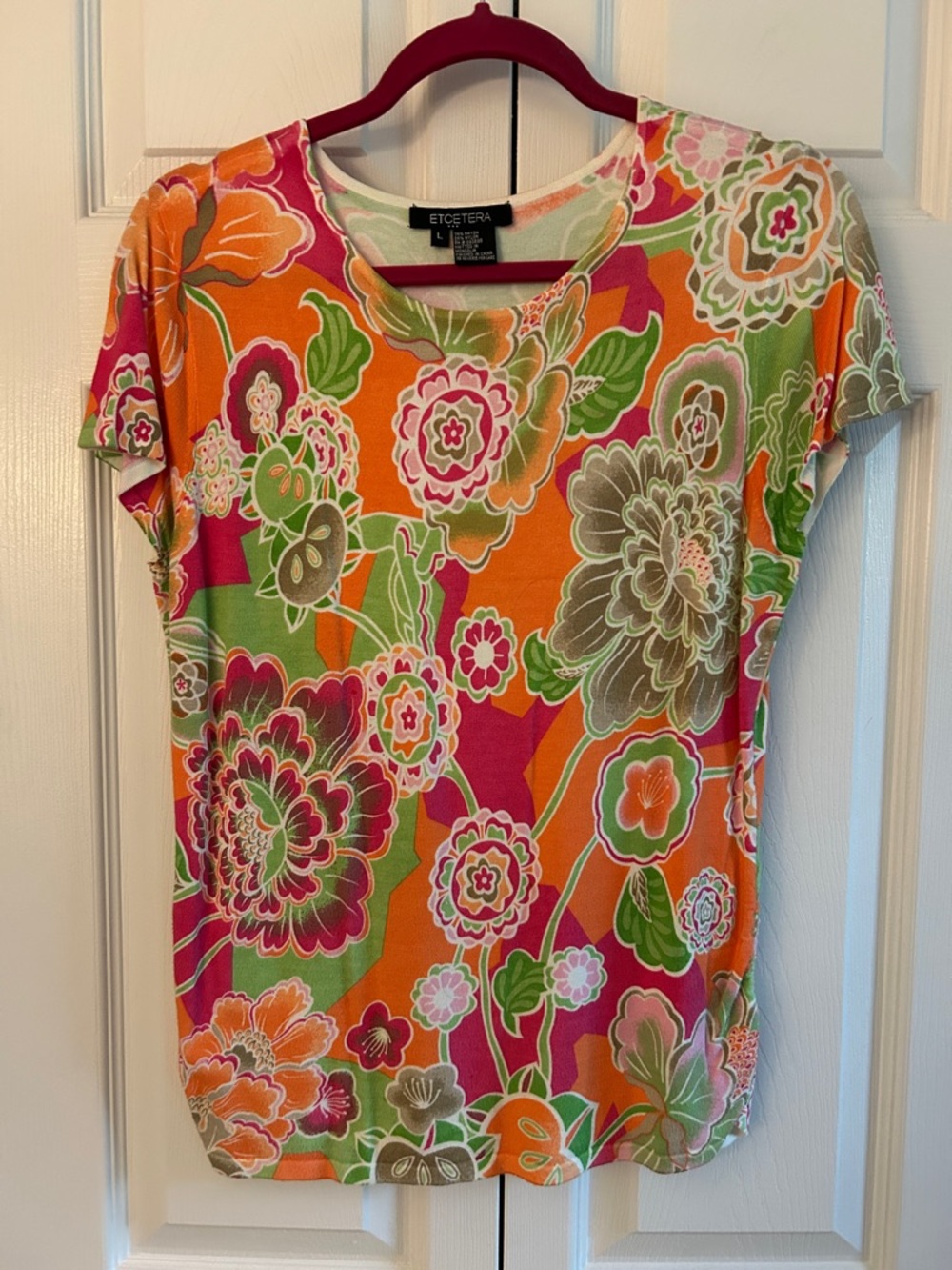 Etcetera Vibrant Floral Short-Sleeve Crewneck Top - Orange, Pink, Green